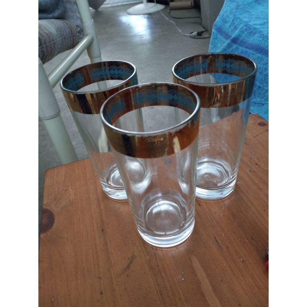 Culver vintage 60s set of 3 gold rimmed and teal drinking glasses